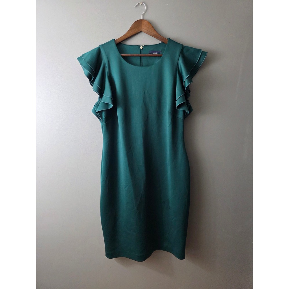 Tommy Hilfiger Green Ruffle Flutter Sleeve Sheath Dress Size 14 RN 54163
